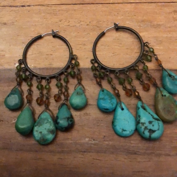 Genuine Turquoise nugget chandelier earrings with peridot & amber beads - Picture 4 of 4